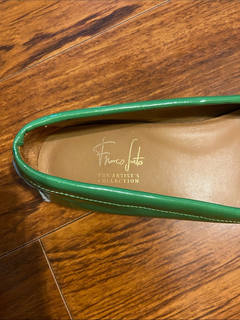 Franco Sarto Green Patent Leather Loafers with Gold Hardware - Picture 2 of 4